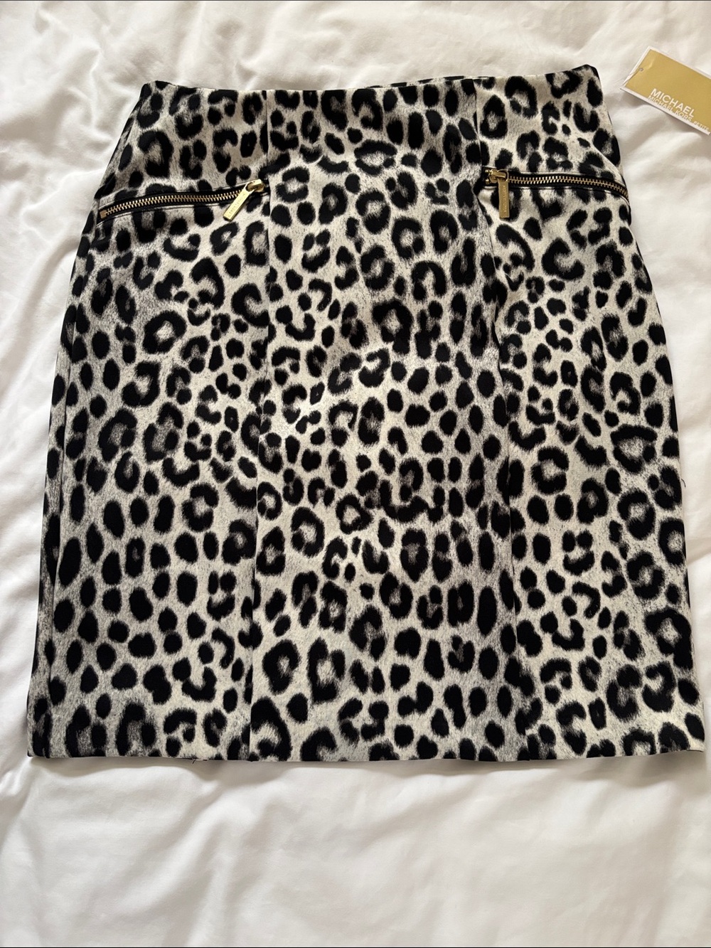 Michael Kors Black and White Leopard-Print Mini Skirt with Gold Zippers